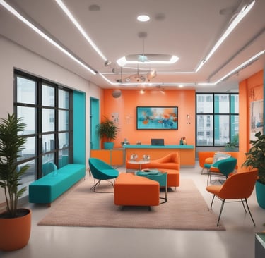 Smiling diverse group of job applicants in a bright room with orange and deep sea teal decor.