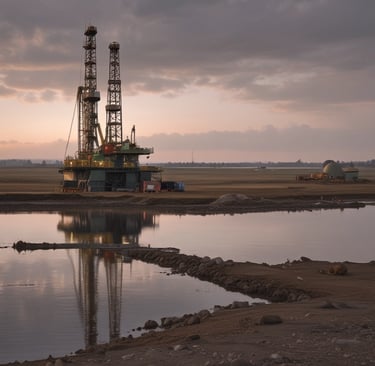 a drilling rig with a drilling riget in the foreground