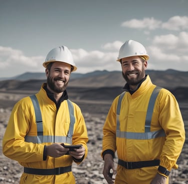 two men in yellow helmets and safety gear