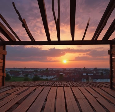 A scenic rooftop view at sunset with a city skyline glowing in the background.