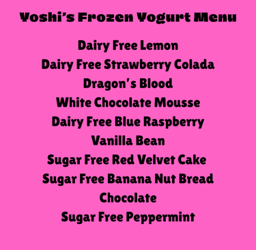 Yoshi's frozen yogurt ice cream menu, scottsbluff, ne