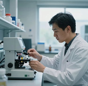 A professional photograph of a scientist in a clean, modern lab, adjusting a sophisticated sensing device. The background is a soft blur of steel blue and light mist colors. Natural light coming through a large window. North American laboratory setting.