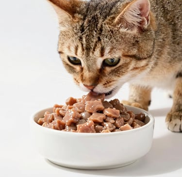 Happy cat eating moist fresh food, showing vitality and good health at home.