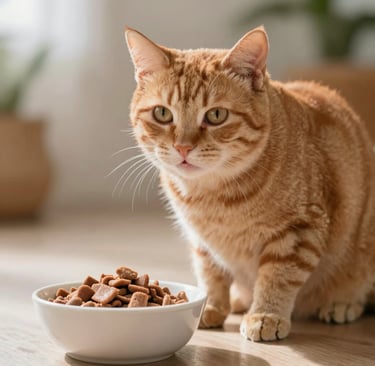 Fresh frozen cat food bowl with natural ingredients like proteins, vegetables, and grains.
