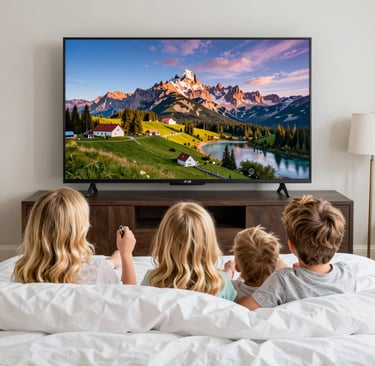A happy family watching a large high-definition TV together in their modern home.