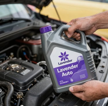 A person holding a bottle of Lavender Auto motor oil over an open car engine bay for maintenance.