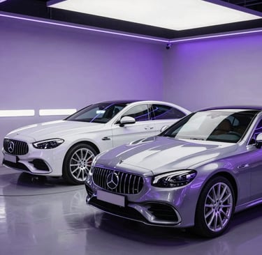 Silver and white Mercedes-Benz luxury sedans showcased in a modern showroom with purple ambient lighting.