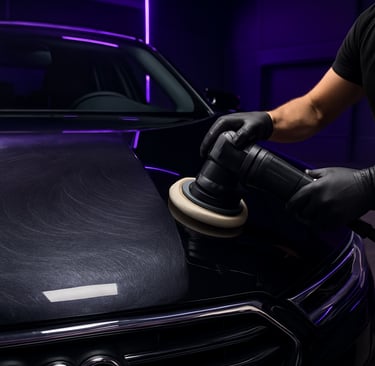 Professional car detailing specialist using a dual action polisher to buff a black luxury vehicle.