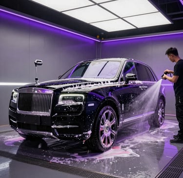 A luxury black Rolls-Royce Cullinan receiving a professional soap foam car wash in a detailing studio.