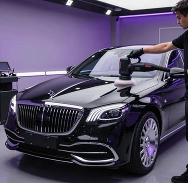 Professional detailer using a rotary polisher on a black Mercedes-Maybach for premium paint correction.