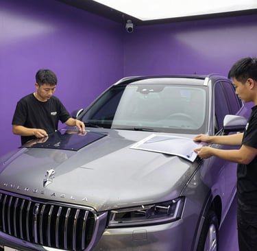 Two professionals applying a protective film to the hood of a luxury SUV in a car detailing shop.