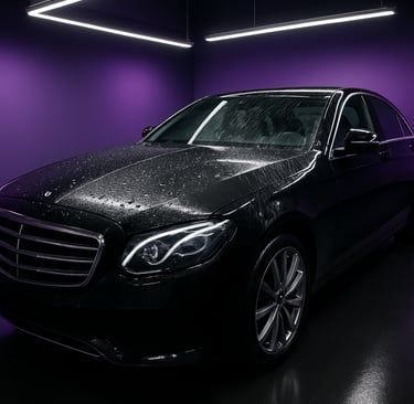 A shiny black luxury sedan with water droplets in a studio with purple walls and LED lighting.