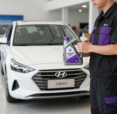 An auto mechanic holding a bottle of motor oil in front of a white Hyundai car for a routine oil change.