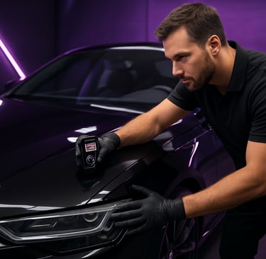 Professional detailer using a paint depth gauge on a black car in a studio.