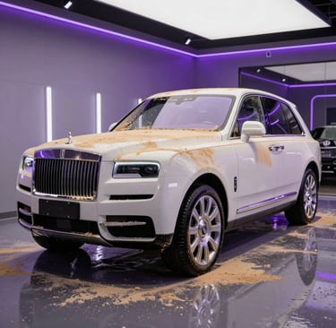 A white Rolls-Royce Cullinan luxury SUV covered in mud inside a modern detailing garage with purple lighting.