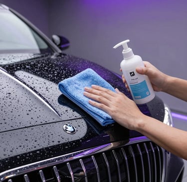 Hand using a blue microfiber cloth and detailing spray to wipe water droplets off a black luxury car hood.