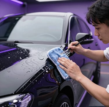 A professional detailer performs car exterior cleaning on a black vehicle using a brush and microfiber cloth.