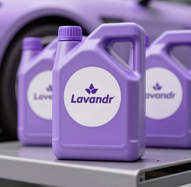 Lavandr brand purple automotive fluid jugs displayed in front of a matching purple car.