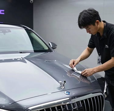 Professional technician applying clear paint protection film to the hood of a luxury grey car.