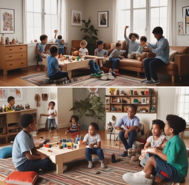 A lively workshop scene with parents and children engaging in a mental health activity, smiles and focused expressions.