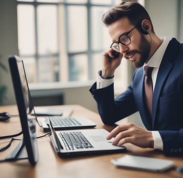 A welcoming office reception desk with a phone and a laptop, ready to assist customers.