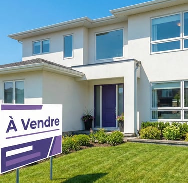 Maison moderne avec panneau à vendre, illustrant la stratégie de captation de mandats vendeurs