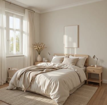 A serene small bedroom decorated in warm whites, soft beige, and taupe tones. Linen bedding