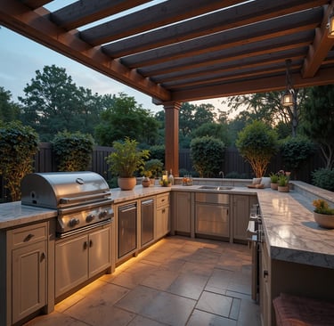 A luxurious backyard outdoor kitchen at golden hour, featuring a built-in grill, marble countertops
