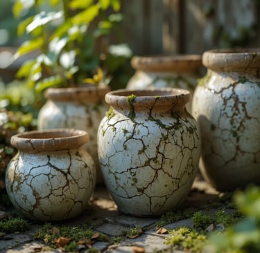 Close-up artistic shot of weathered painted clay pots with crackled distressed finish, mossy texture