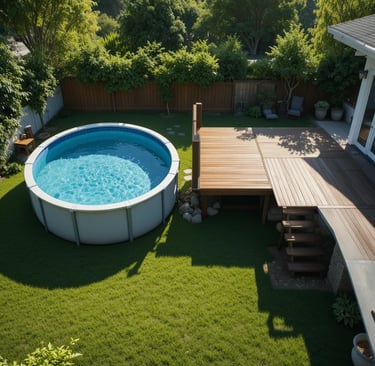 A cinematic backyard scene showing an above ground pool in a simple, basic setup on one side and a p