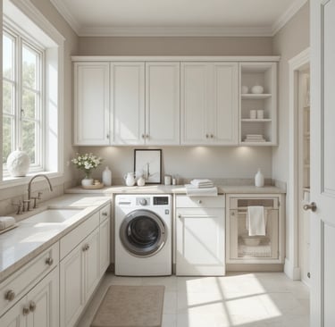 A modern laundry room with a soft neutral color palette, featuring white cabinets