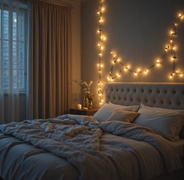 A small cozy bedroom at night illuminated with warm LED string lights draped along a soft fabri
