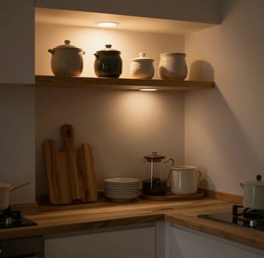 Intimate small kitchen corner with warm under-cabinet lighting, wooden shelves,