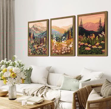 Boho Colorful Landscape wall art Wildflower Mountain Wall Decor Vintage Floral Forest Paintings Rust
