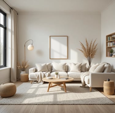A beautifully styled minimalist living room with a neutral palette, layered textures including a sof