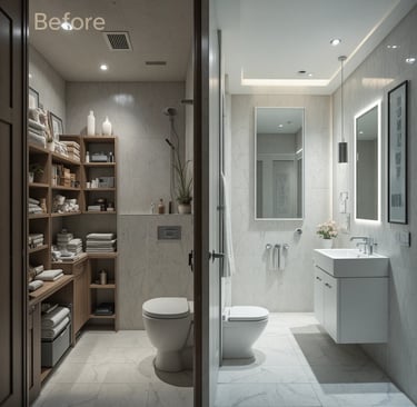 Minimal tiny bathroom split design showing before-and-after transformation, cramped cluttered bathro
