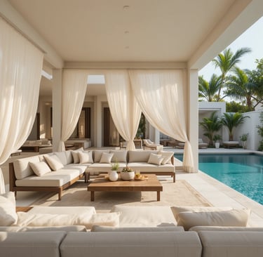 Luxury poolside lounge area with a modern pool house