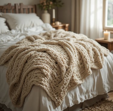 chunky oatmeal knit throw blanket casually draped over the foot of a linen-covered bed, soft morning