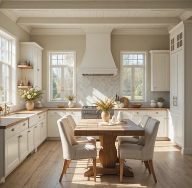 A bright farmhouse kitchen with a neutral color palette featuring white shaker cabinets