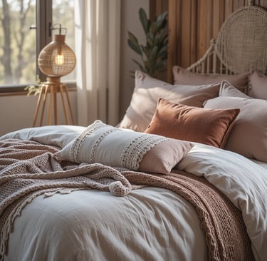 hotorealistic editorial bedroom scene showing layered textures in action — a linen duvet with a waff