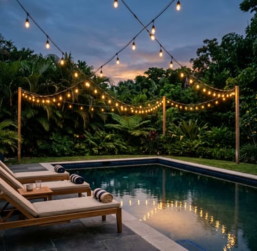 warm white Edison string lights strung in a zigzag pattern above a backyard pool at dusk, soft golde