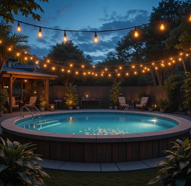  Edison bulb string lights looped above a round above ground pool at dusk, golden light reflecting o