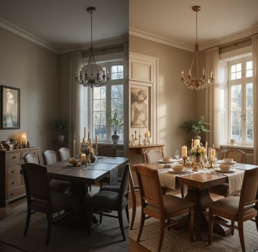 ining room with warm lighting, wooden table, linen textures, candles, styled centerpiece