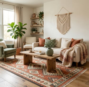 hotorealistic editorial interior of a living room demonstrating the three principles in action — a l