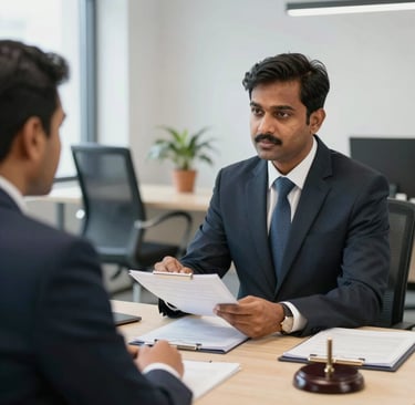 An Indian chartered accountant attentively reviewing financial documents with a client in a well-lit office.