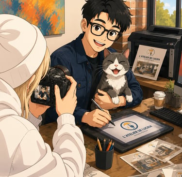 Illustration style cartoon manga d’un jeune graphiste nommé Lucien travaillant dans son atelier créa