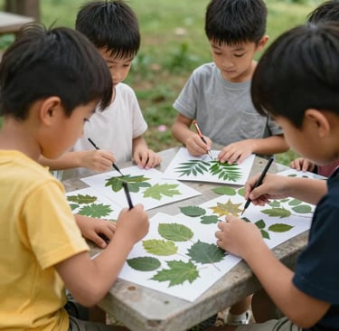 Group of children outdoors tracing green leaves on paper during a nature craft activity.