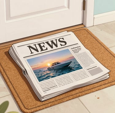 Newspaper with a picture of a boat at sunset