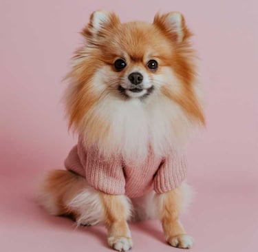 Pomeranian con suéter tejido rosa posando sobre un fondo rosa