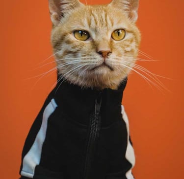 Gato atigrado con chamarra tipo sport color negro con franjas blancas con cierre sobre un fondo naranja.